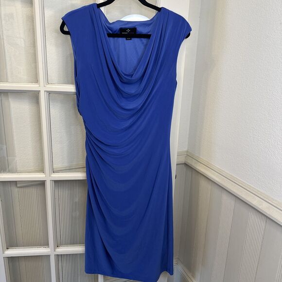 Ronni Nicole Dress Blue Draped Neck Ruched Side Sheath Womens 10 - Picture 1 of 11